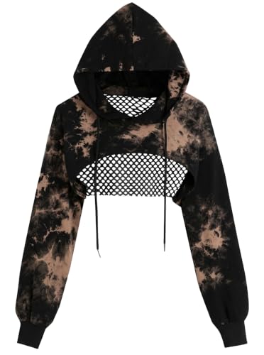 Remidoo Womens Cropped Hoodie Fishnet Long Sleeve Crop Top Tie Dye